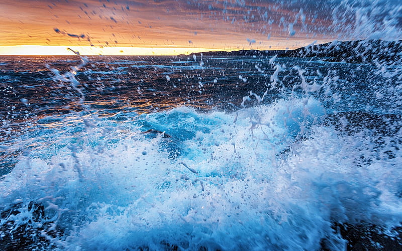 sunset, sea, waves, water splashes, storm, coast, rocky coast, seascape, HD wallpaper