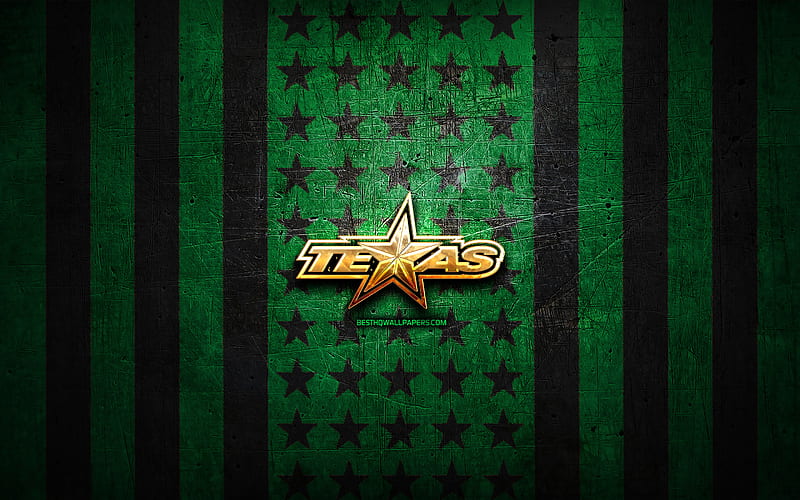 Texas Stars flag, AHL, green black metal background, american hockey team, Texas Stars logo, USA, hockey, golden logo, Texas Stars, HD wallpaper