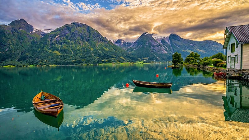 Oppstrynsvatn Lake, Hjelledalen, Norway, boat, clouds, trees, landscape, sky, water, mountains, boathouse, HD wallpaper