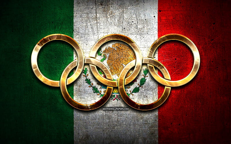 Mexican olympic team, golden olympic rings, Mexico at the Olympics, creative, Mexican flag, metal background, Mexico Olympic Team, flag of Mexico, HD wallpaper