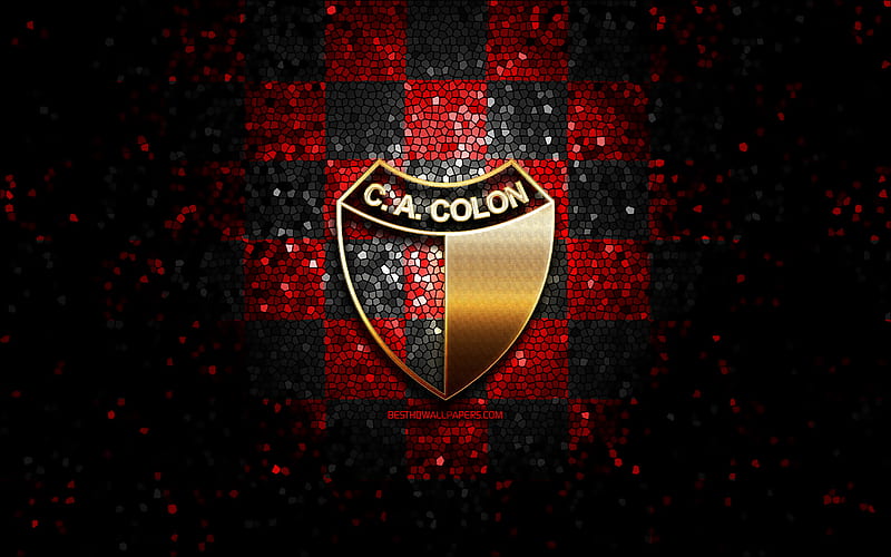 Colon FC, glitter logo, Argentine Primera Division, red black checkered background, soccer, argentinian football club, Colon logo, Colon Santa FE, mosaic art, CA Colon, football, Club Atletico Colon, HD wallpaper