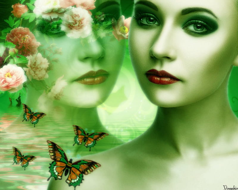 Elegant Beauty, faces, art, flowers, butterflies, woman, HD wallpaper ...