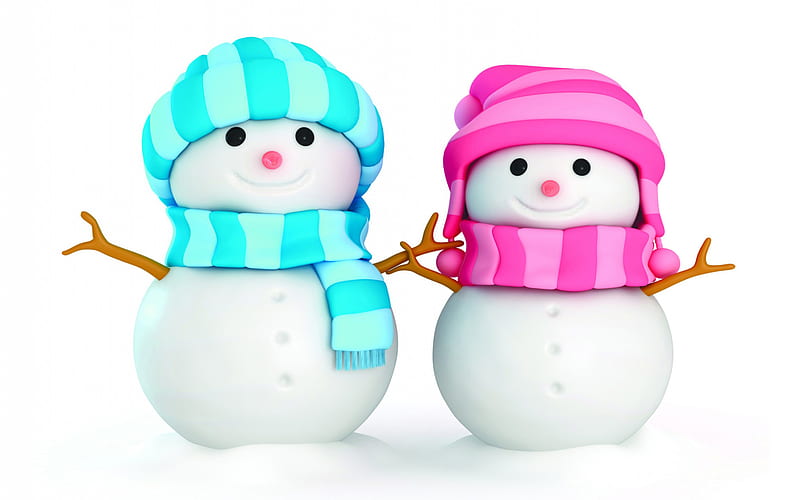 two snowmen, 3D art, christmas decorations, snowman, winter, xmas backgrounds, christmas concepts, happy new year, snowmen, xmas decorations, background with snowman, HD wallpaper