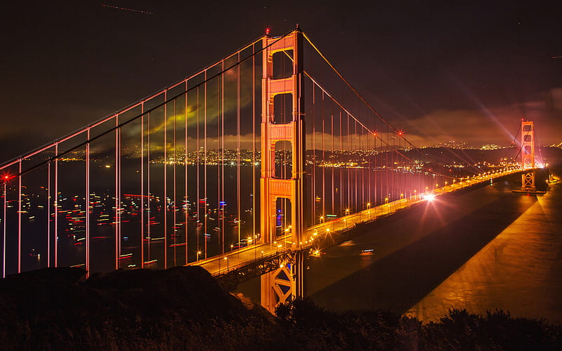 Golden Gate Bridge, evening, night, cityscape, city lights, San Francisco, USA, metropolis, HD wallpaper