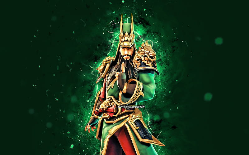 Guan Yu green neon lights, 2020 games, Fortnite Battle Royale, Fortnite characters, Guan Yu Skin, Fortnite, Guan Yu Fortnite, HD wallpaper