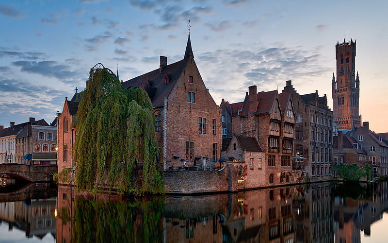 Bruges, evening, sunset, old buildings, beautiful city, Belgium, HD wallpaper