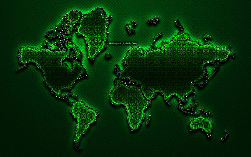 green world map, world map concept, green vintage background, artwork, creative, green glass world map, 3D art, glass world map, world maps, HD wallpaper