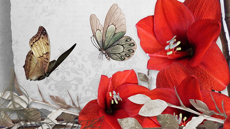Red Flower Vintage Look, flowers, old-timey, old-school, quaint, old fashion, leaves, butterfly, papillon, flowers, old-world, vintage, old-time, wild flowers, butterflies, retro, retrograde, antique, oldfangled, dried grass, dry, paper, HD wallpaper