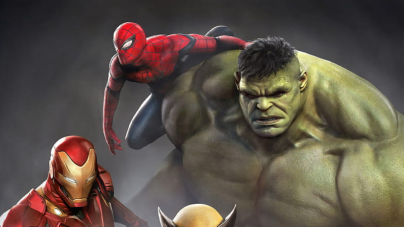 Iron Man Hulk Spiderman Wolverine , iron-man, hulk, spiderman, wolverine, superheroes, marvel, HD wallpaper