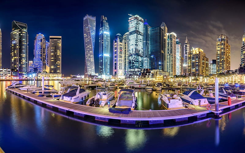 Dubai, UAE, night, yacht parking, boats, skyscrapers, night lights, Dubai Marina, HD wallpaper