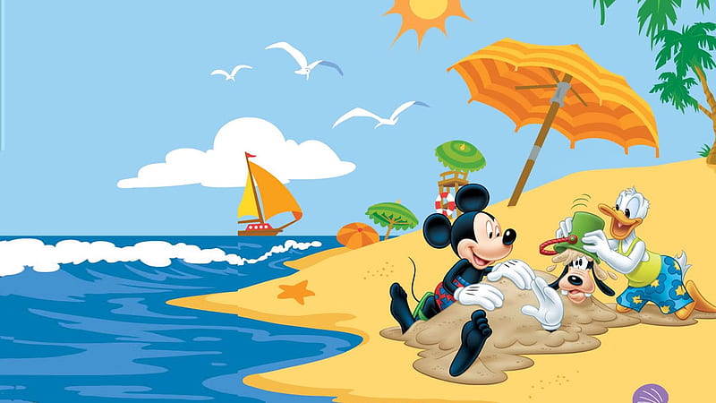 Mickey on the beach, goofy, umbrella, yellow, mickey mouse, beach, sand,  summer, HD wallpaper | Peakpx
