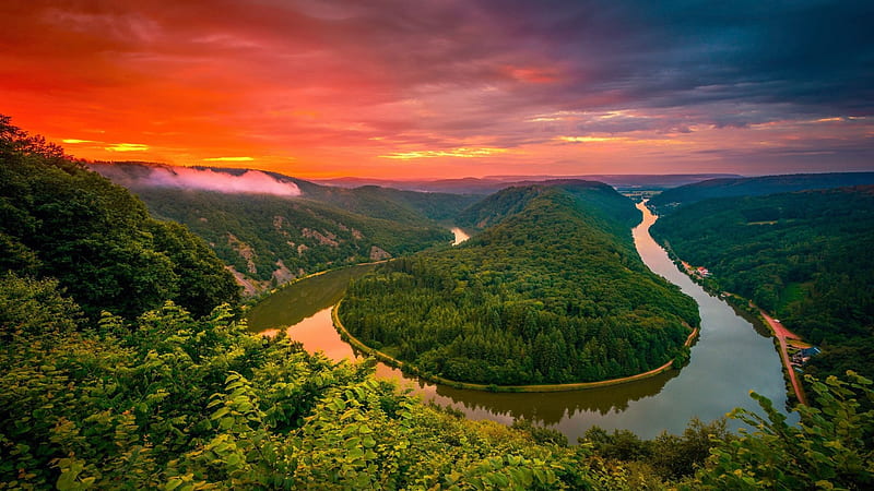 Loop of the river Saar, Germany, horseshoe, trees, landscape, colors, clouds, sky, forest, sunset, HD wallpaper
