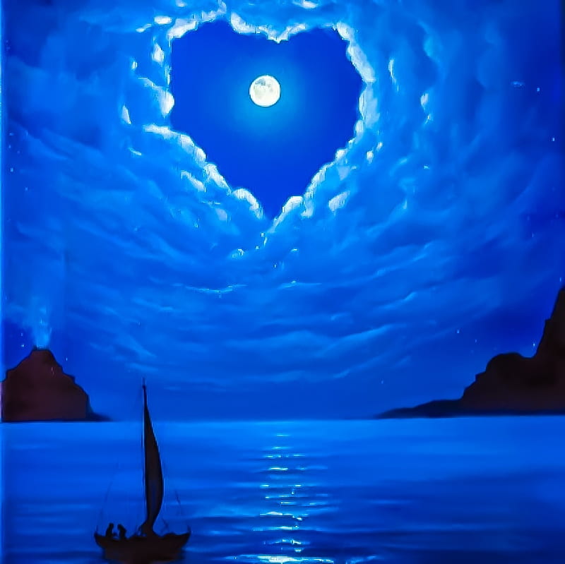 Romantic night, Sea, ocean, heart, sailing, clouds, sky, couple, blue, HD wallpaper