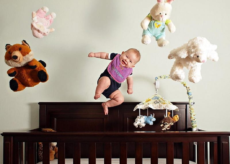Baby playtime, lovely, stuff toys, abstract, baby, play, cute, graphy, fantasy, nice, jump, toys, HD wallpaper