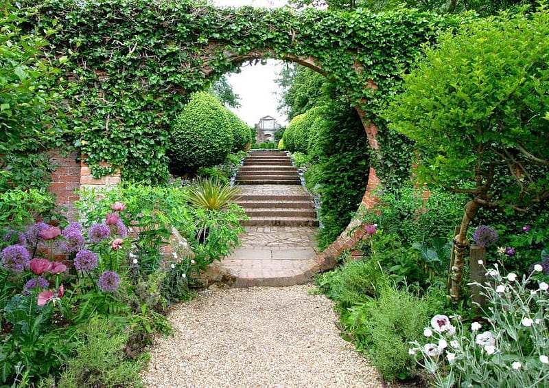secret garden, gate, green, flowers, path, garden, nature, HD wallpaper
