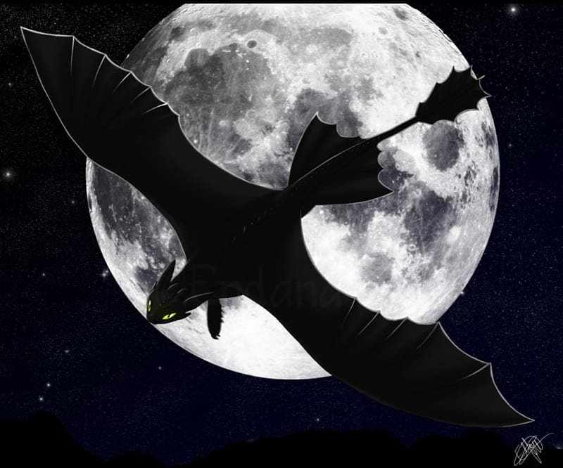 Night Flying Night Fury, how to train your dragon, night fury, moon, dragons, HD wallpaper