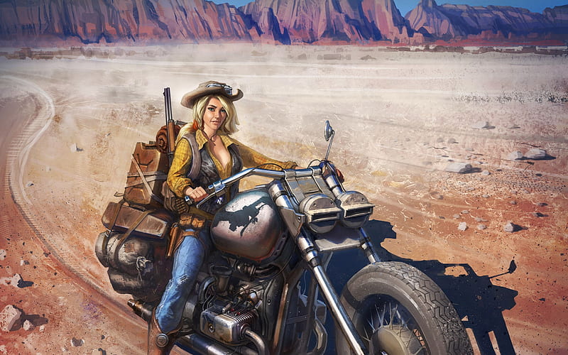 A Desert Ride, goggles, rocks, desert, handgun, cowgirl, blonde, motorcycle, hat, guns, rifle, bullets, mountains, holster, bike, HD wallpaper