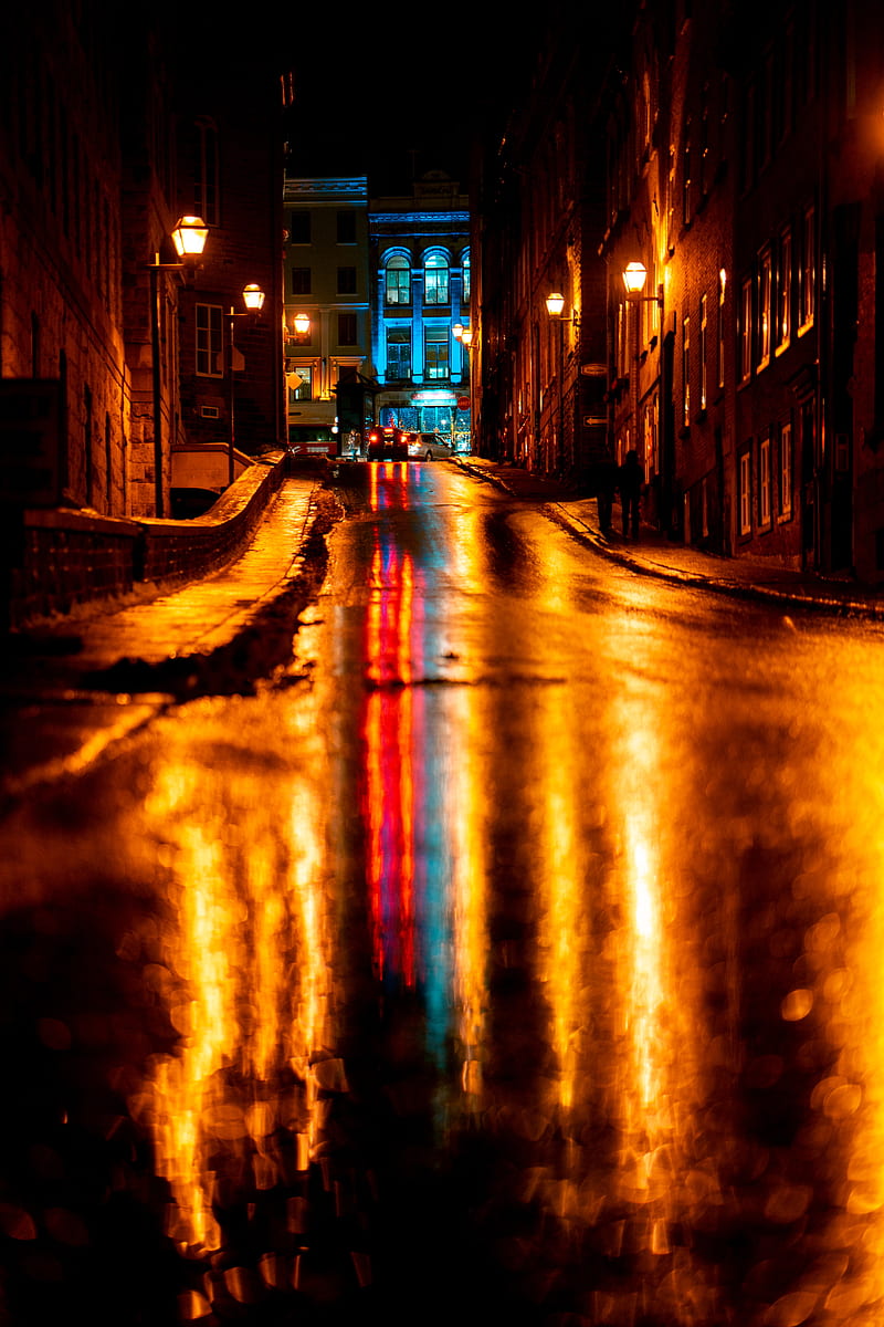 street, asphalt, wet, dark, night city, lights, HD phone wallpaper