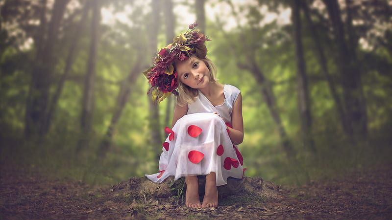 Cute Little Girl Is Wearing White Red Frock And Wreath On Head Sitting In Forest Background Cute, HD wallpaper