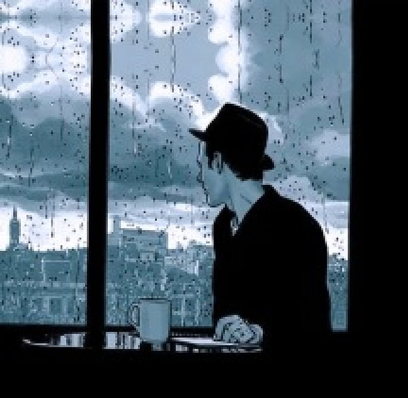 *Overlooking the rain*, art, cafe, window, view, time, man, winter, sketch, coffee, rain, HD wallpaper