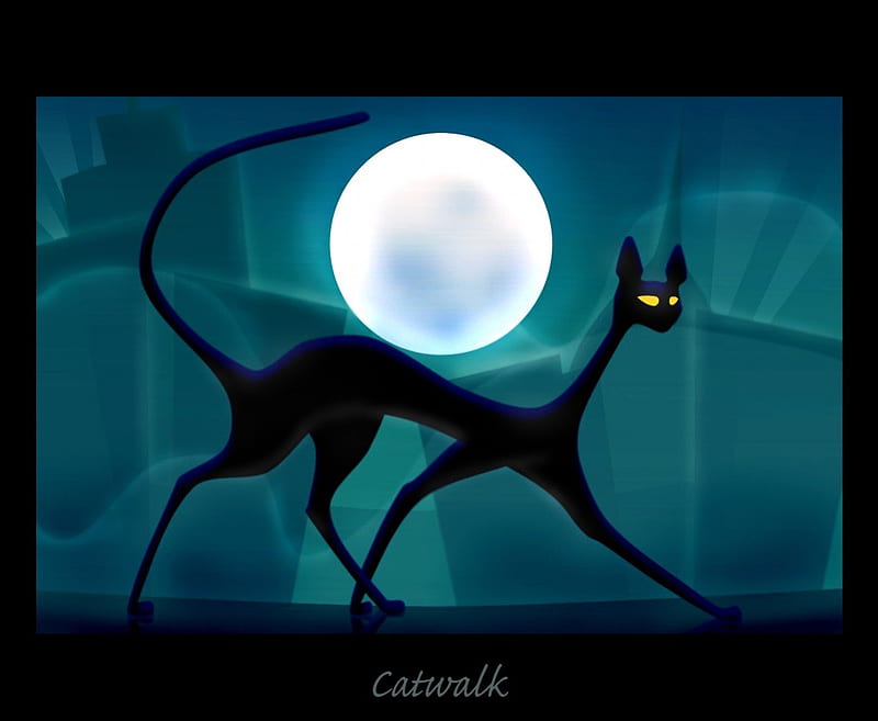 Catwalk, moon, black, art deco, cat, blue, HD wallpaper