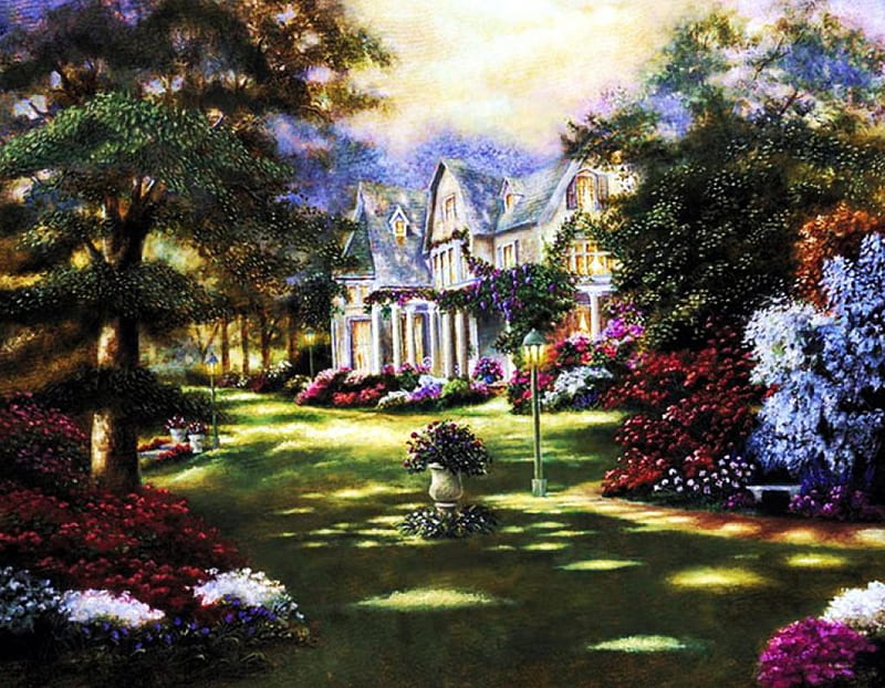Ringwood Manor, house, flowers, park, trees, artwork, HD wallpaper