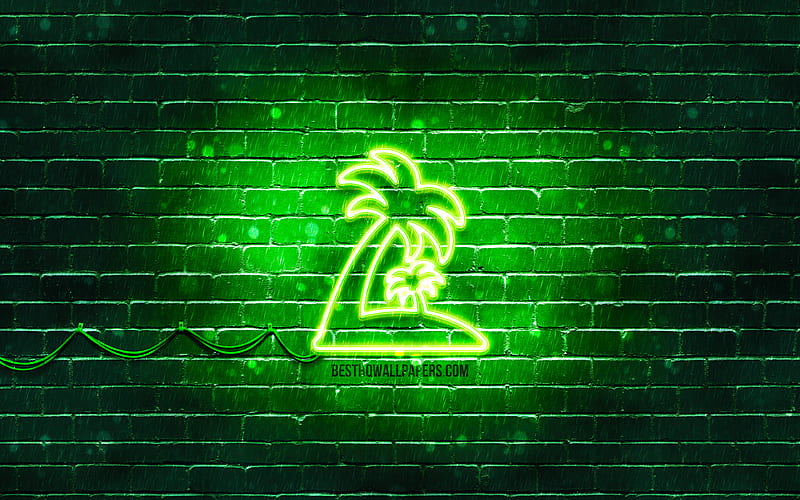 Tropic Island neon icon green background, neon symbols, Tropic Island, neon icons, Tropic Island sign, nature signs, Tropic Island icon, nature icons, HD wallpaper