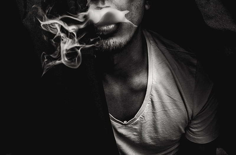 man wearing white V-neck shirt with smoke coming out of mouth, HD wallpaper