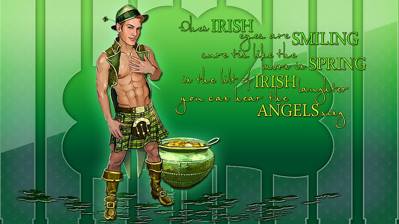 Irish Eyes - Guy, Pot of Gold, St Patricks Day, Man, Green, Shamrock, Irish, Kilt, St Patricks, Irish Eyes, HD wallpaper