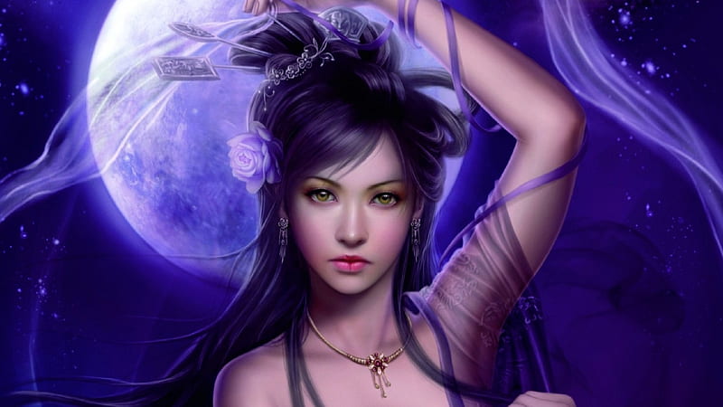 Moon Goddess, frumusete, moon, luminos, goddess, fantasy, moon, girl, asian, face, HD wallpaper