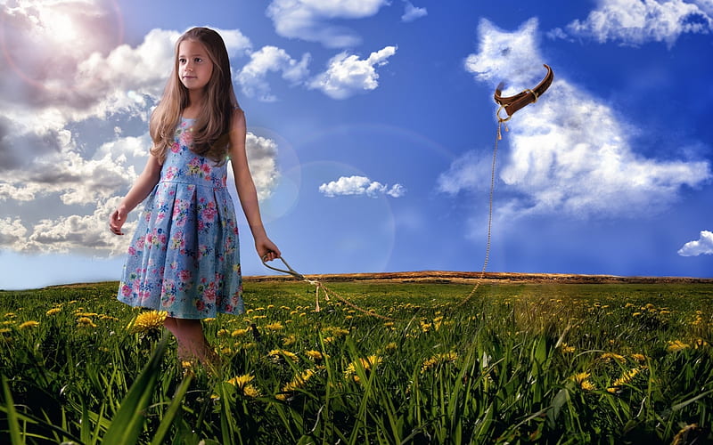 Little girl with puppy cloud, little, animal, fantasy, green, child, dog, puppy, blue, cloud, caine, sky, creative, situation, kite, girl, copil, funny, white, field, HD wallpaper
