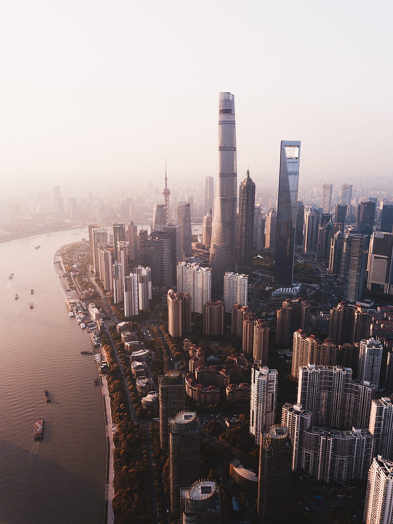 city, river, aerial view, buildings, fog, metropolis, HD phone wallpaper