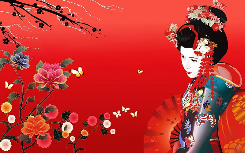 Aisian Red, red, art, female, gaisha, komono, woman, tree, oriental, flowers, asian, fan, lady, HD wallpaper