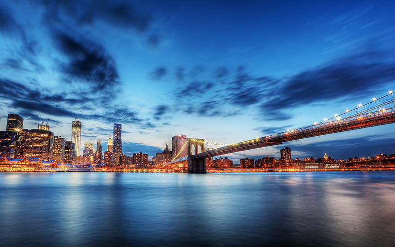 New York, Brooklyn Bridge, East River, Evening, USA, skyscrapers, HD wallpaper