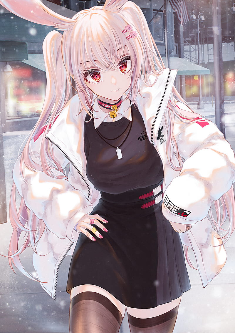 anime, anime girls, digital art, artwork, 2D, portrait display, vertical, red eyes, white hair, bunny ears, necklace, pink nails, black dress, white coat, long hair, black stockings, thigh-highs, twintails, open coat, winter, Bae.C, HD phone wallpaper