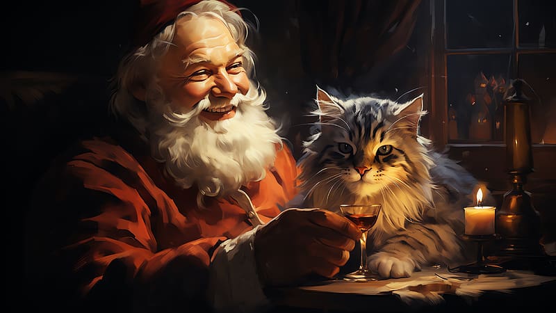 Santa Claus with cat, cat, santa claus, santa, frumusete, neuroset, art, craciun, man, old, pisici, red, christmas, HD wallpaper