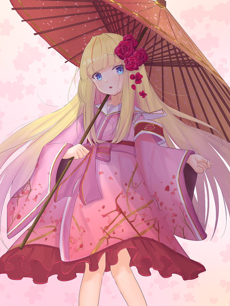 Girl, kimono, umbrella, anime, art, pink, HD phone wallpaper | Peakpx