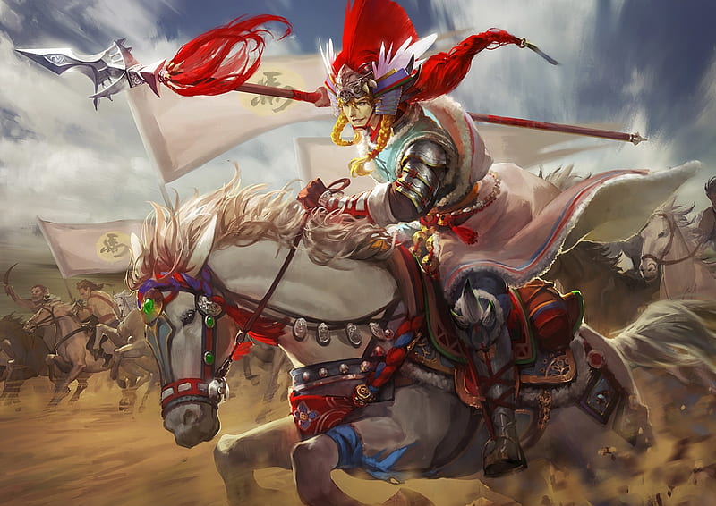 Warrior, mu meiren, art, fantasy, battle, luminos, horse, HD wallpaper