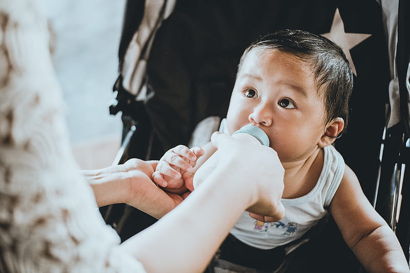 person feeding baby from feeding bottle, HD wallpaper