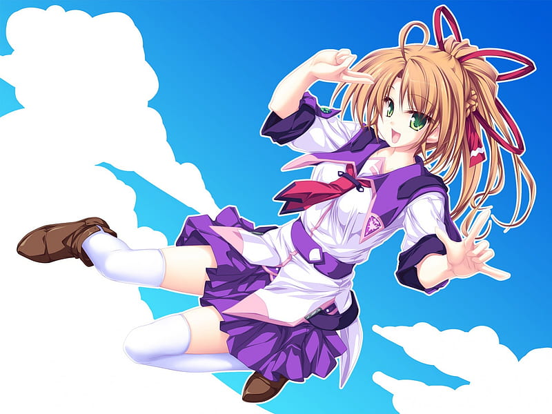 Sora Hoshiba, sky, clouds, anime school girl, purple, anime, anime girl, lila, 77, white, blue, HD wallpaper