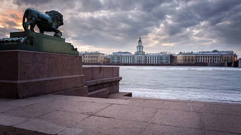 Lion Sculpture River Building Russia Saint Petersburg Travel, HD wallpaper