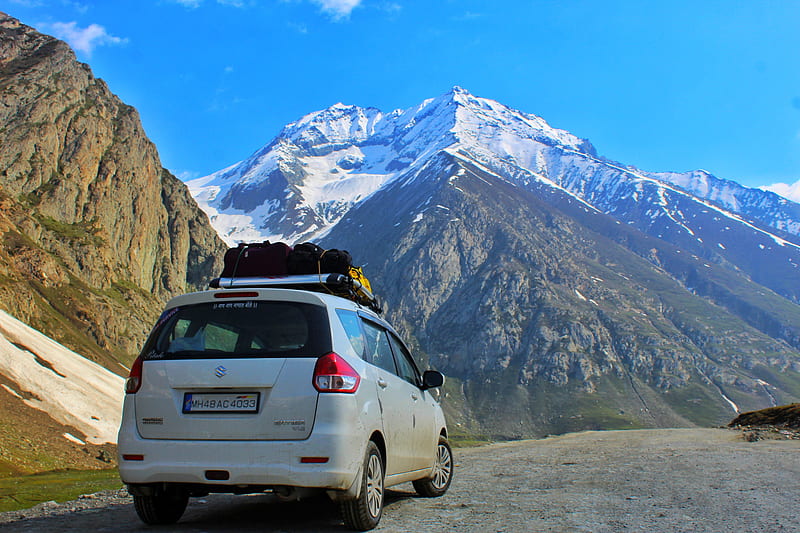 carros, blue, car, indian carros, landscapes, mountain, mountains, sky, snow, top, HD wallpaper