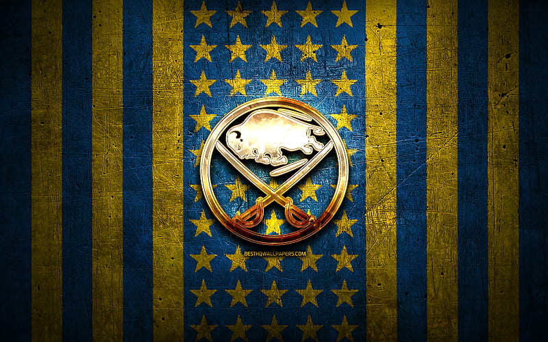 Buffalo Sabres flag, NHL, blue yellow metal background, american hockey team, Buffalo Sabres logo, USA, hockey, golden logo, Buffalo Sabres, HD wallpaper