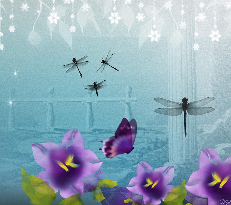 Purple Flowers, dragonfly, landscape, nature, HD wallpaper