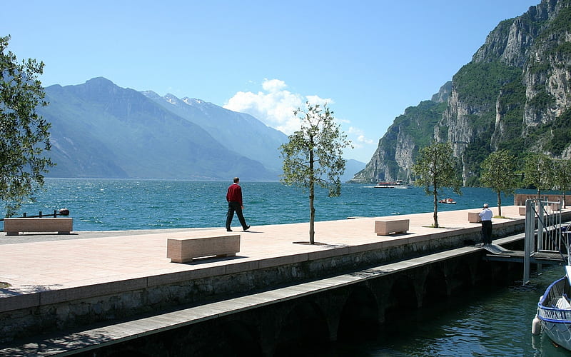 Lake Garda, Italy, Italy, pier, montains, lake, HD wallpaper