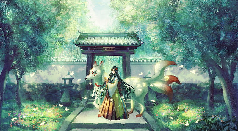 :), nine tails, green, girl, fox, anime, manga, yingsujiang, temple, HD wallpaper
