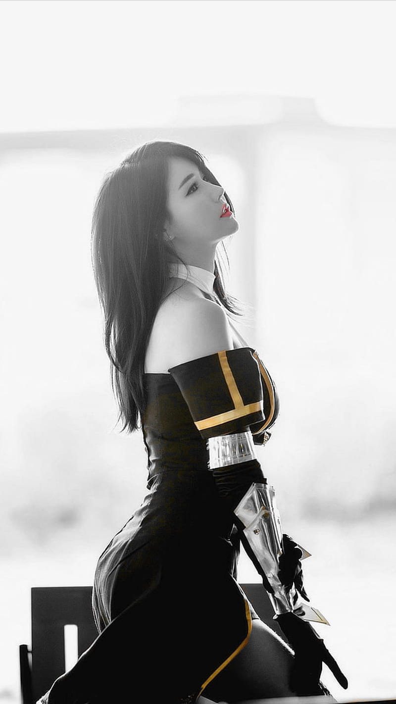 Han Ga Eun, asian, black and white, bonito, black and white, costume, cute, korea, pretty, HD phone wallpaper