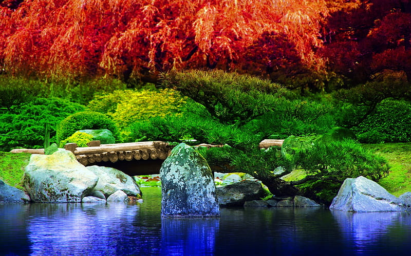 Beautiful colorful landscape, red, green, bridge, grass, lake, blue, landscape, HD wallpaper