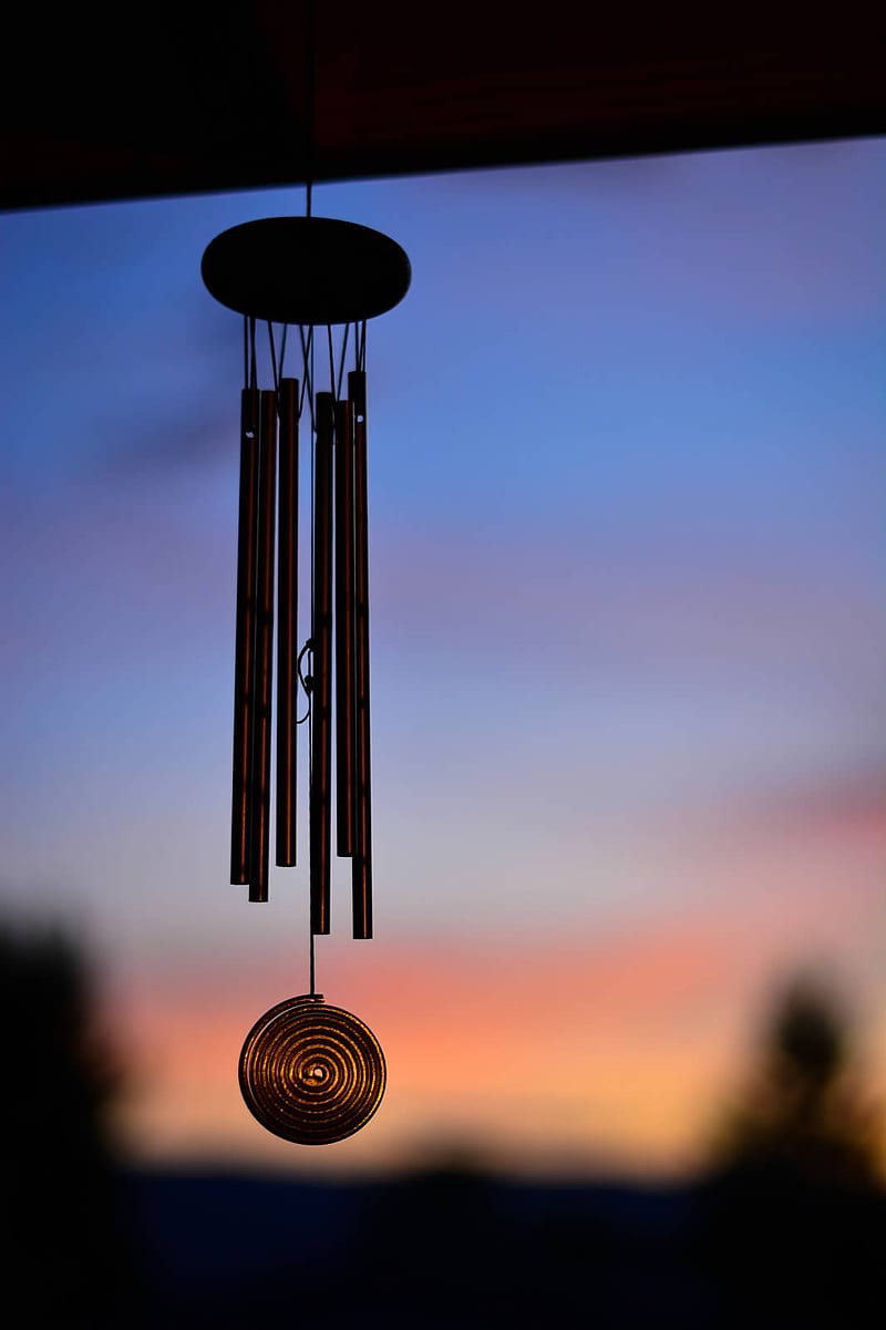 Wind chime sunset, abstract, art, black, blue, colors, decorations, sunrise, wind chimes, HD phone wallpaper