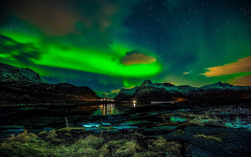 Lofoten Islands, northern lights, polar night, aurorae, Norway, HD wallpaper